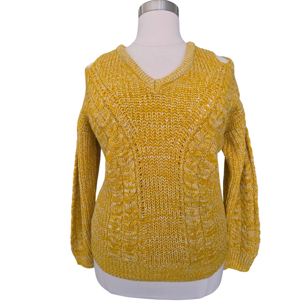 Cato Womens XL Mustard Yellow Cable Knit Cold Shoulder V-Neck Sweater